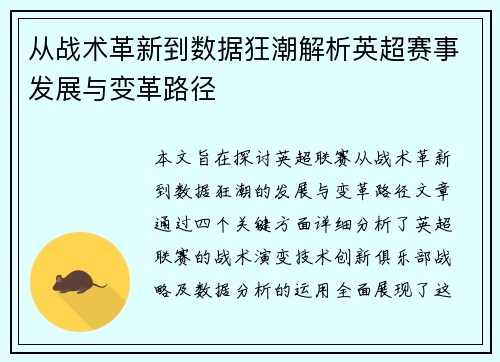 从战术革新到数据狂潮解析英超赛事发展与变革路径