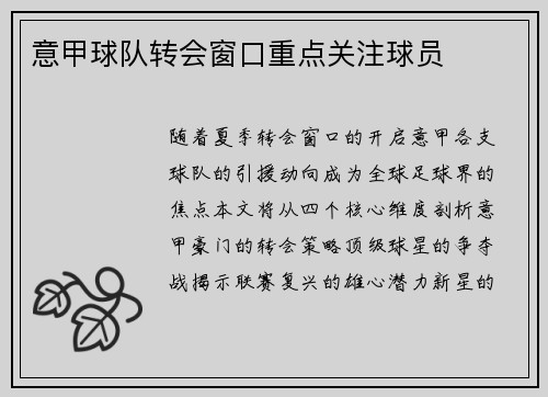 意甲球队转会窗口重点关注球员