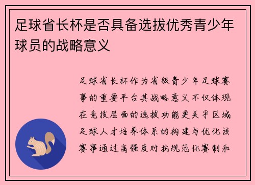 足球省长杯是否具备选拔优秀青少年球员的战略意义